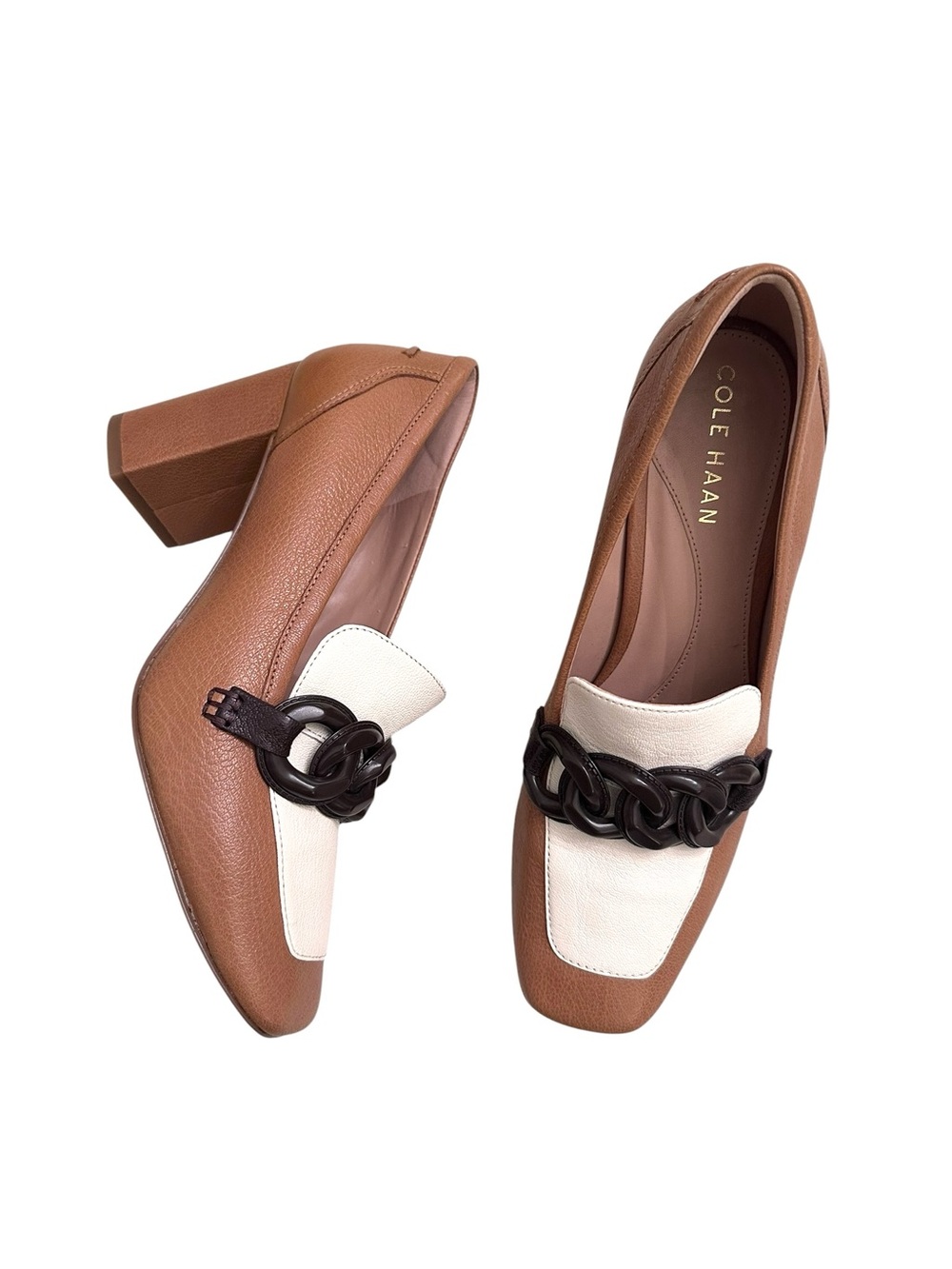 Cole Haan Chrystie Square Chain Loafers Tan and Cream size 7.5